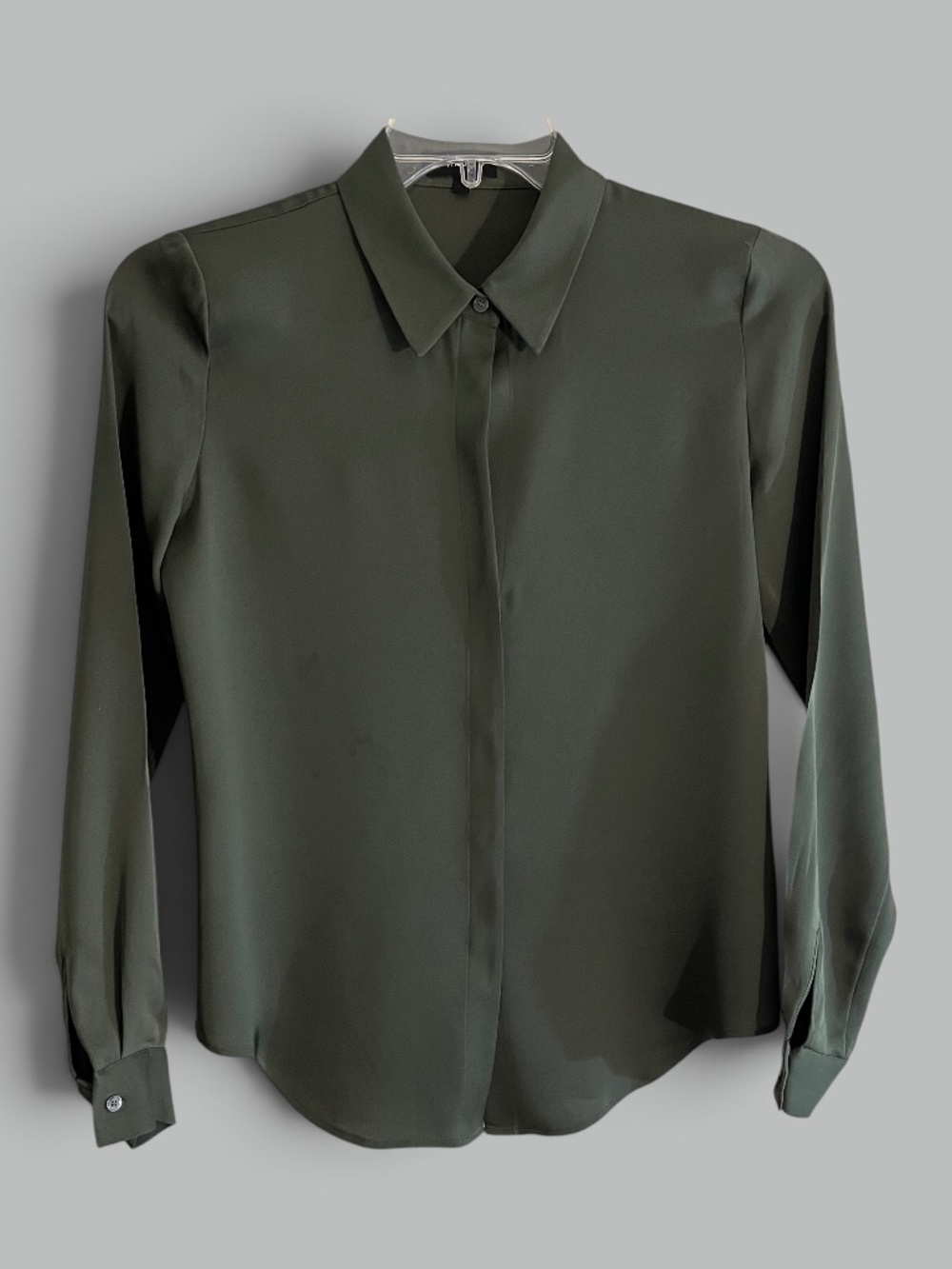 Theory Deep Moss Green GGT Silk Button Up Blouse Size Small